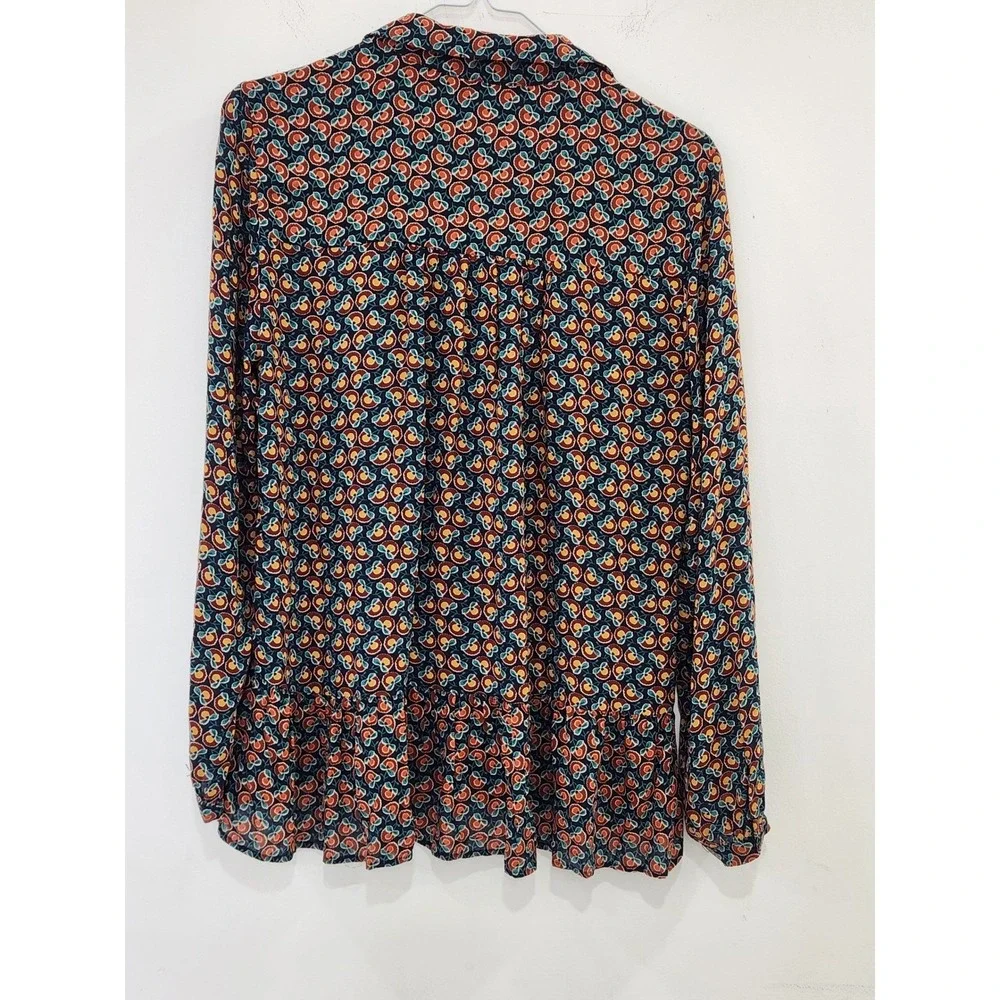 Maeve Anthropologie Floral Geometric Peplum Blouse Navy Orange Lace Trim Size 2
